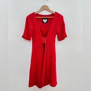 Anthropologie A-Line Short Sleeve Lace Up Mini Dress in Red